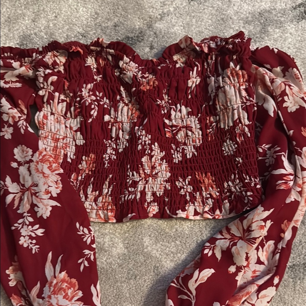 Floral Red Smocked Off-Shoulder Top